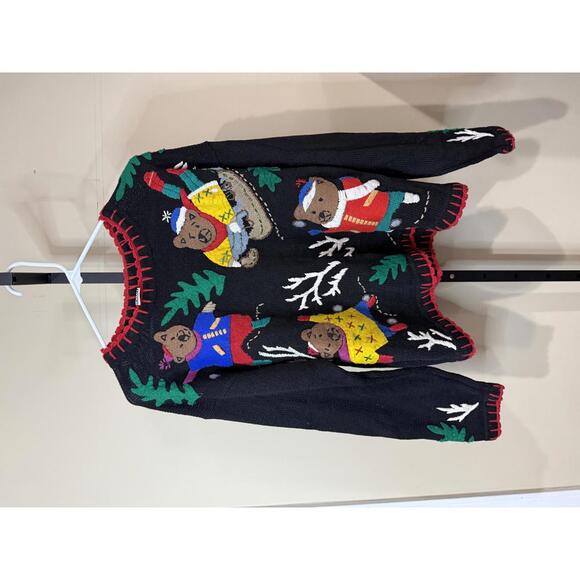 Winter Christmas Holiday Large Black Knit Sweater with Bear and Winter Motif - Picture 2 of 9